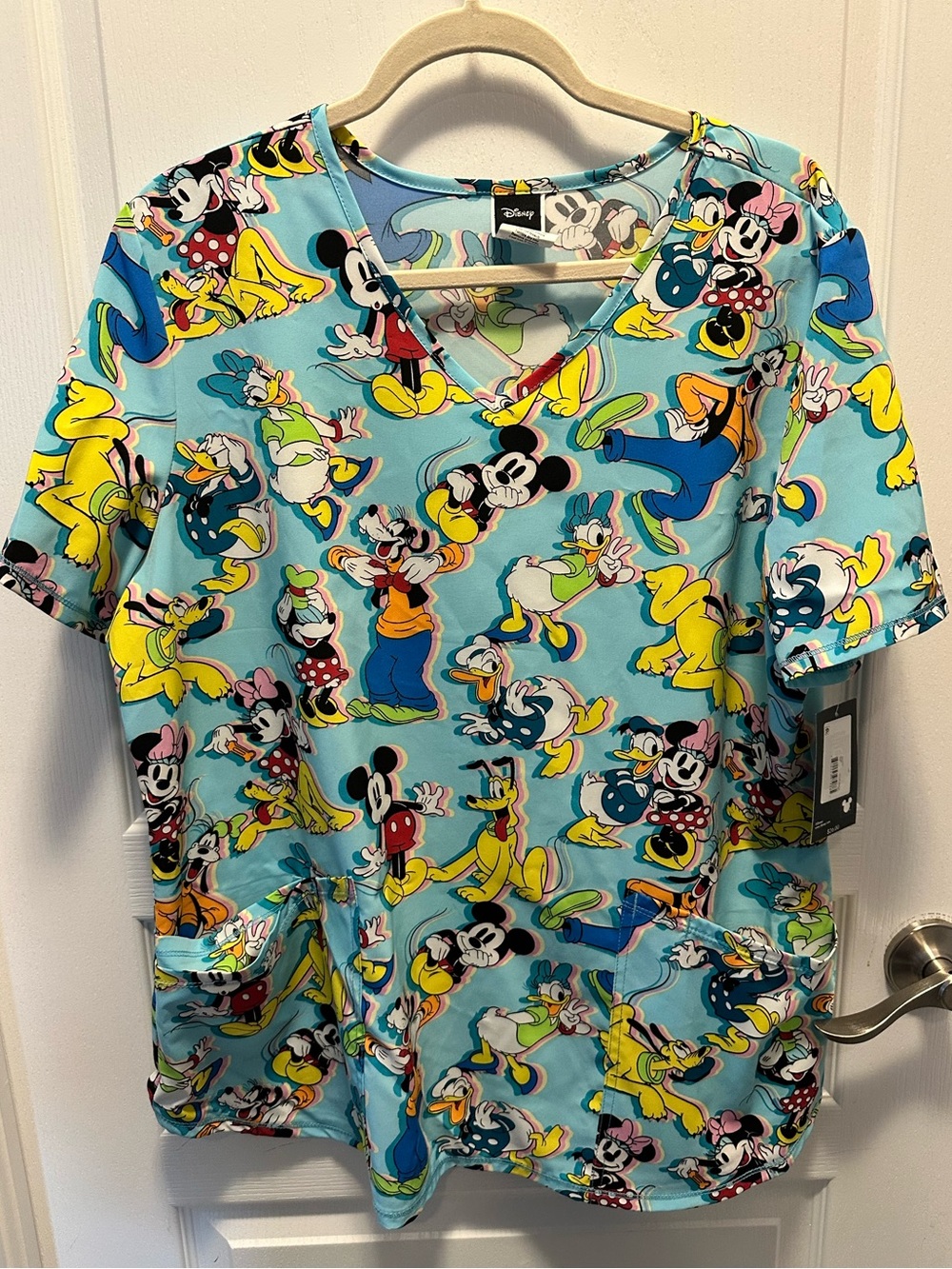 Disney Mickey & Friends Scrub Top Blue Stretch Nurse Medical L and S